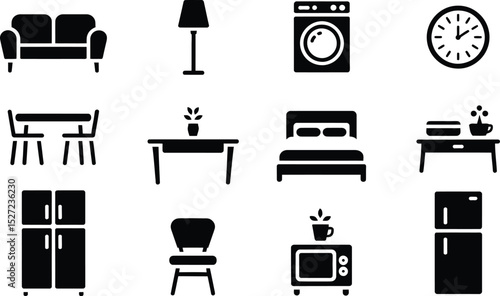 Collection of simple black icon illustrations depicting a variety of home furnishings and appliances