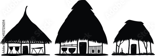 Silhouetted tropical huts and dwellings set against a simple white background for design
