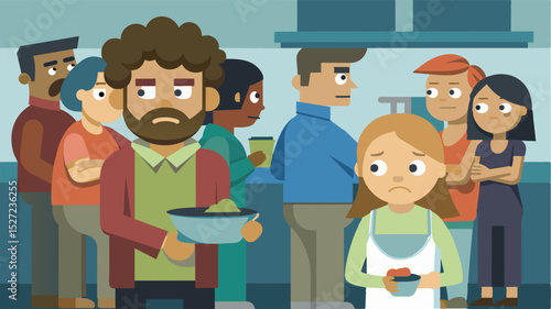 A sense of desperation is palpable a the crowd as they know that once the kitchen runs out of food their hunger will go unfulfilled.. Vector illustration