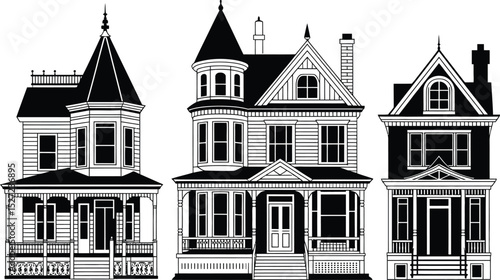 Silhouette illustrations of three distinct victorian era houses with detailed architectural elements
