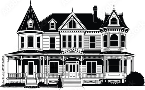 Detailed black and white illustration of a grand victorian style residential home