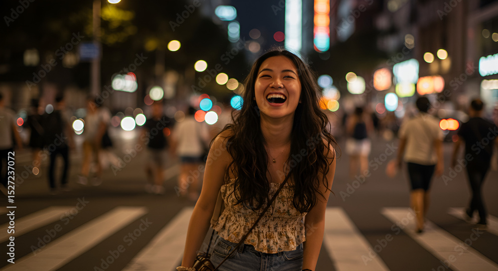 Fototapeta premium Joyful Urban Moment Captured Outdoors — Happy People Laughing, Smiling and Enjoying City Life Together