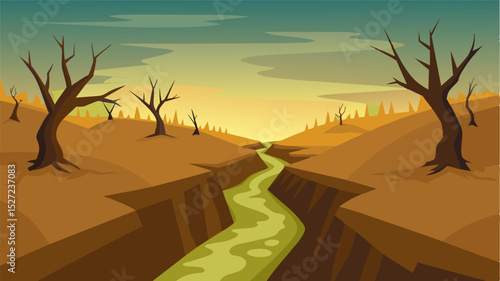 A sunken ditch its barren banks a haunting sight in an otherwise verdant and fertile region.. Vector illustration