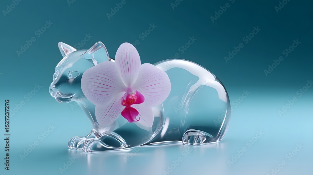 Obraz premium Glass cat sculpture with delicate orchid flower inside
