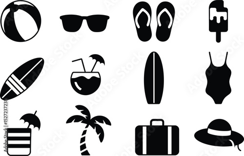 Simple black and white summer icons representing beach vacation and holiday activities