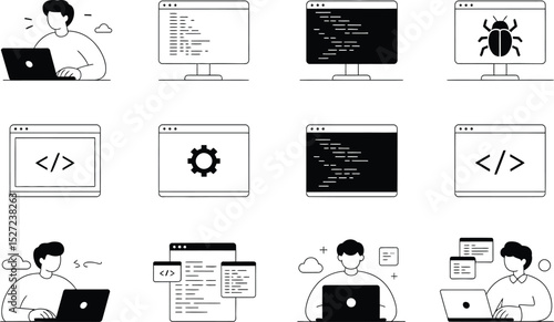 Software development and coding icons depicting programmers bug fixing and web design elements
