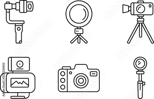 Set of minimalist outline illustrations depicting various essential photography and video equipment