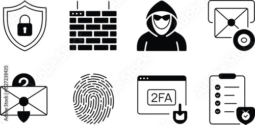Collection of digital security and cybersecurity icons in minimalist black and white style