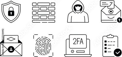 Illustrated icons representing cybersecurity and data protection with modern black and white style