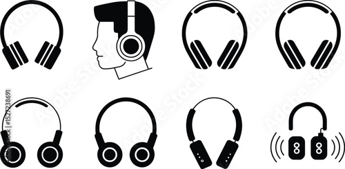 Vector illustration collection of various headphones in a simple minimalist black and white style