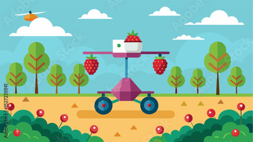 An autonomous platform that travels along the edges of berry fields using advanced sensors to detect and eliminate any weeds or pests.. Vector illustration
