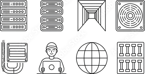 Vector illustration of computer server network data center and it professional icons
