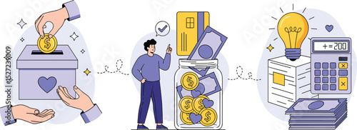 Crowdfunding, investment, fundraising donation set. Characters contribute money for idea, financial support, startup business.