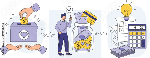 Crowdfunding, investment, fundraising donation set. Characters contribute money for idea, financial support, startup business.