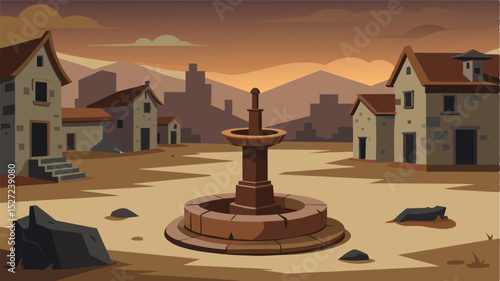 A deserted village square with a rusted fountain once a bustling gathering spot now silent and desolate after the residents fled during the conflict.. Vector illustration