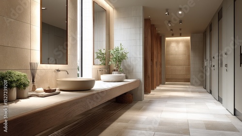 Stylish public restroom interior with beige tones, creating a serene and luxurious atmosphere.