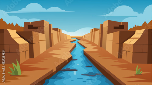 A forgotten canal its cracked and broken walls now crumbling unable to hold any water even if it were to miraculously return.. Vector illustration