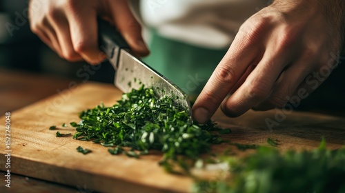 Wallpaper Mural A person is chopping fresh herbs on a wooden cutting board Torontodigital.ca