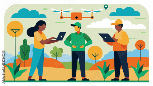 A team of agronomists uses drone mapping software to analyze field data and create customized plans for precision fertilization and irrigation.. Vector illustration