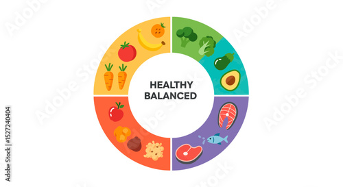 Healthy balanced diet food groups chart nutrition guide for meal planning and wellness education infographic