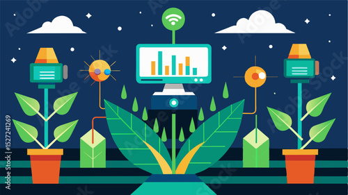 An illustration showing a field covered in light sensors collecting data on plant health and transmitting it to a computer for advanced disease analysis.. Vector illustration