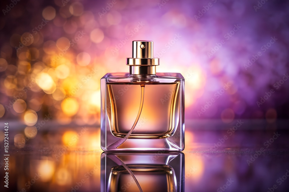 Elegant perfume bottle reflecting light on festive sparkling background in luxury setup Elegant perfume bottle reflecting light on festive sparkling background in luxury setup