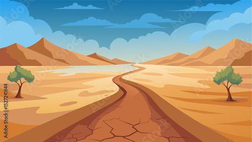A vast expanse of dusty barren land stretching out on either side of the dry riverbed a stark reminder of the impact of the drought on the environment.. Vector illustration