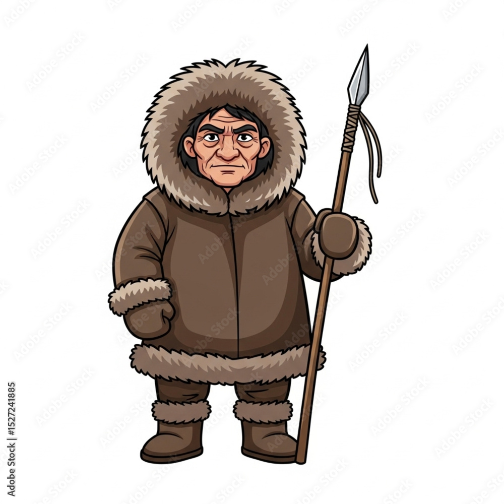 Fototapeta premium Mature Eskimo Hunter in Traditional Clothes with Spear – Vector Illustration