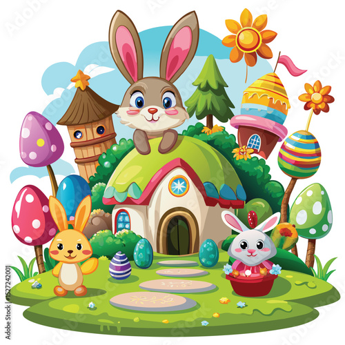 Cute Easter Bunny Village Scene