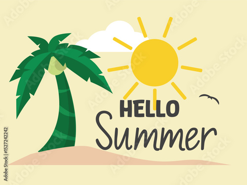 poster welcoming summer, with simple and warm feel, summer time icon