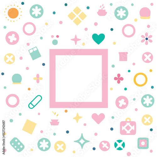 Cute, Pastel-Colored Shapes Background with Empty Square Frame