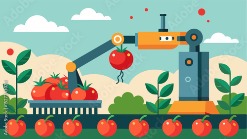 A robotic harvester gently plucks ripe tomatoes from the vine using computer vision to identify the perfect level of riss.. Vector illustration