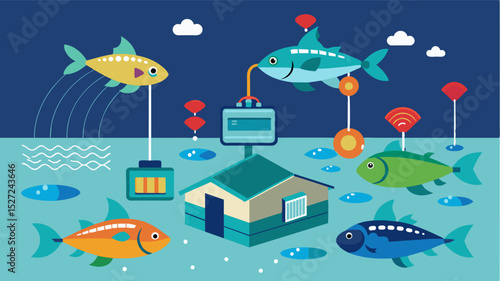 Automated IoT systems can continuously monitor water quality in aquaculture systems ensuring fish health and optimizing growth.. Vector illustration