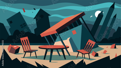A marketplace in ruins with overturned tables and toppled chairs reflects the economic struggles of a society in crisis.. Vector illustration