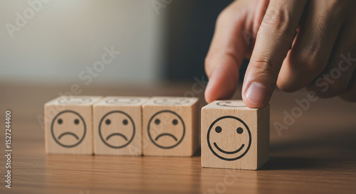 Hand selecting happy face block, turning sadness into happiness, customer satisfaction concept