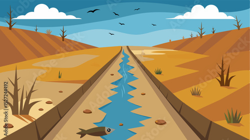 A dry canal its banks lined with wilted reeds and the occasional carcass of a fish that couldnt survive without water.. Vector illustration