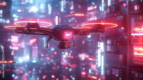 A neon-lit security drone floating over a glowing AI security grid 