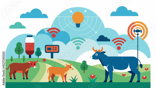 A smart sensor network tracks the movement and health of livestock giving farmers realtime updates and alerts for any anomalies or sickness.. Vector illustration