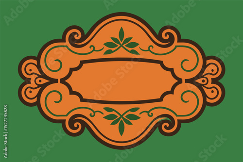 stylized oval cartouche with ornate, swirling decorative elements in dark brown and green. The central oval is a warm orange, likely intended for text or a logo. The background is a solid, 
