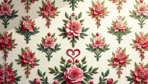 Intricate floral damask wallpaper in muted tones, gold, purple