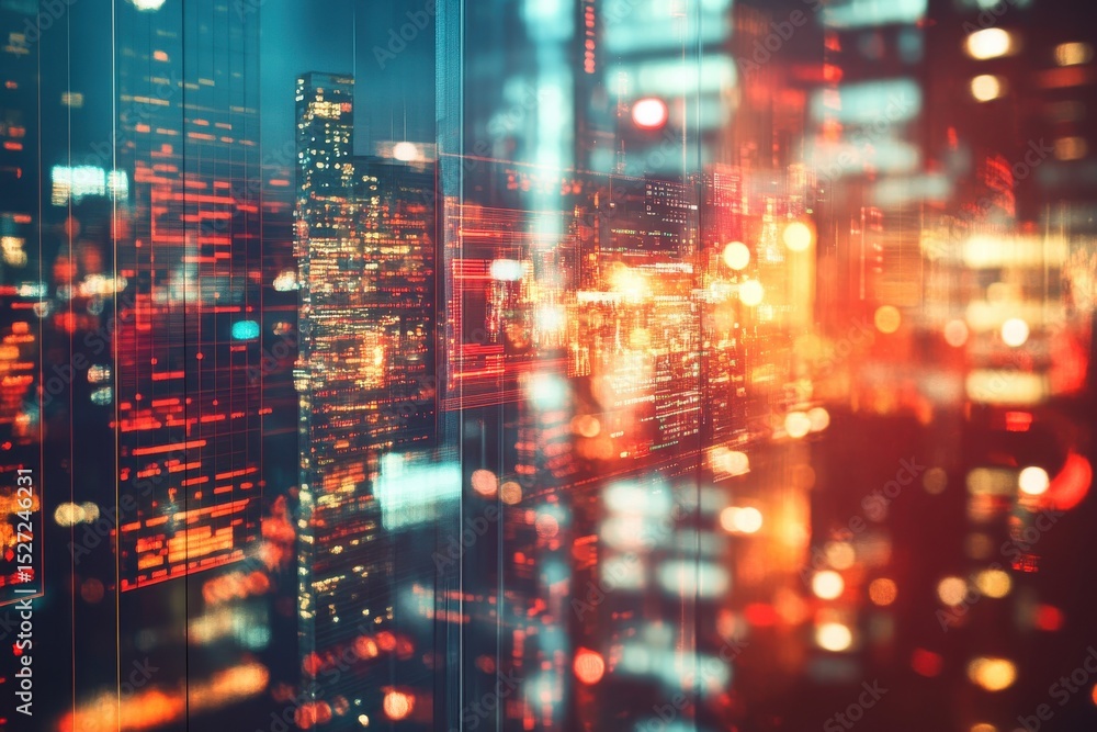 Abstract city lights reflecting on glass at night creating a blurred and dreamy cityscape view Abstract city lights reflecting on glass at night creating a blurred and dreamy cityscape view