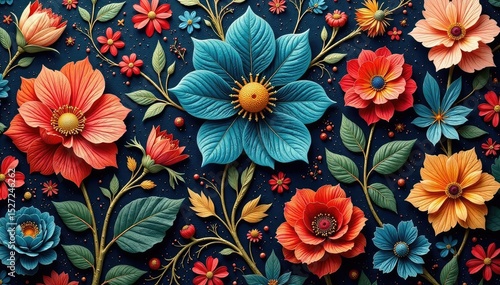 Intricate floral textile with repeating motifs, showing rich detail , floral, blossom