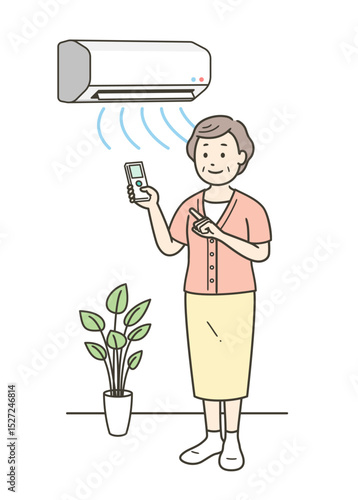 夏にエアコンをつけて室内の温度管理をする高齢女性のイラスト