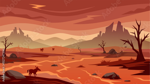 A hauntingly empty terrain devoid of any signs of life except for the remnants of deceased livestock painting a grim picture of famine.. Vector illustration