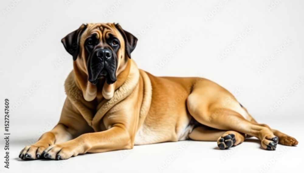 Obraz premium Large mastiff, relaxed pose, pure white backdrop, purebred, relaxed