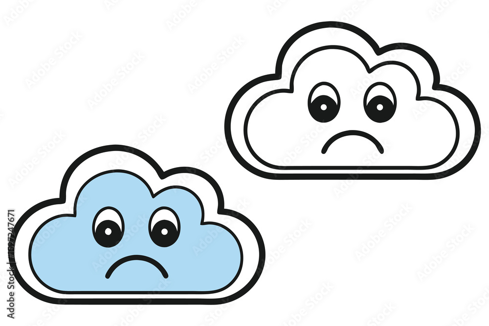 Two cartoon clouds display sad expressions; one is blue, and the other is white Two cartoon clouds display sad expressions; one is blue, and the other is white
