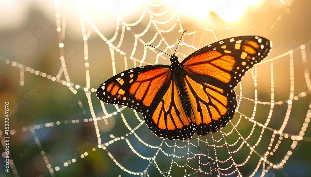 Fototapeta premium Orange Butterfly on Dewy Spiderweb at Sunrise