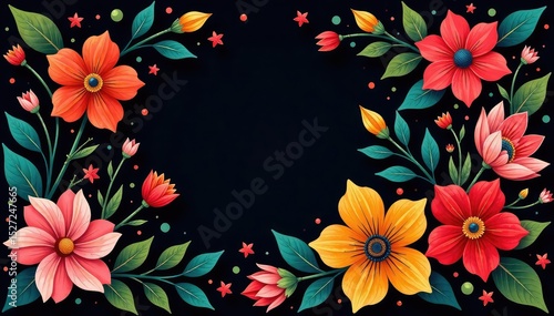 Large-scale stylized floral motifs, bold outlines, dark background , vector, floral design