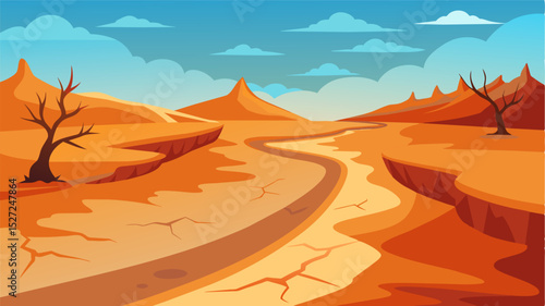 A silent waterway now barren and unrecognizable its deadbed revealing the true severity of the regions drought.. Vector illustration