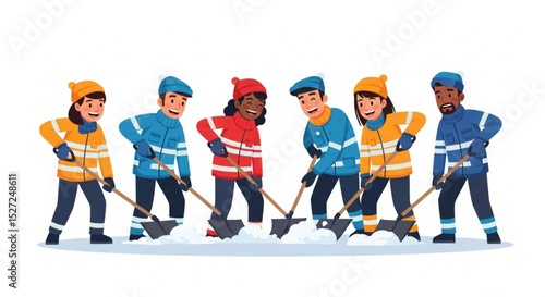 Happy Janitors Cleaning Snow with Shovels – Vector Illustration